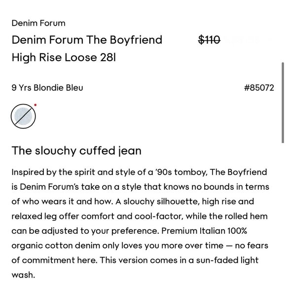Denim Forum The Boyfriend High Rise Loose Jeans Size 23 Button Fly 9 Yrs Blondie - Picture 12 of 13